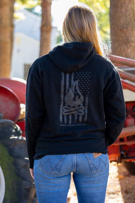 Black on Black Distressed Flag Hoodie