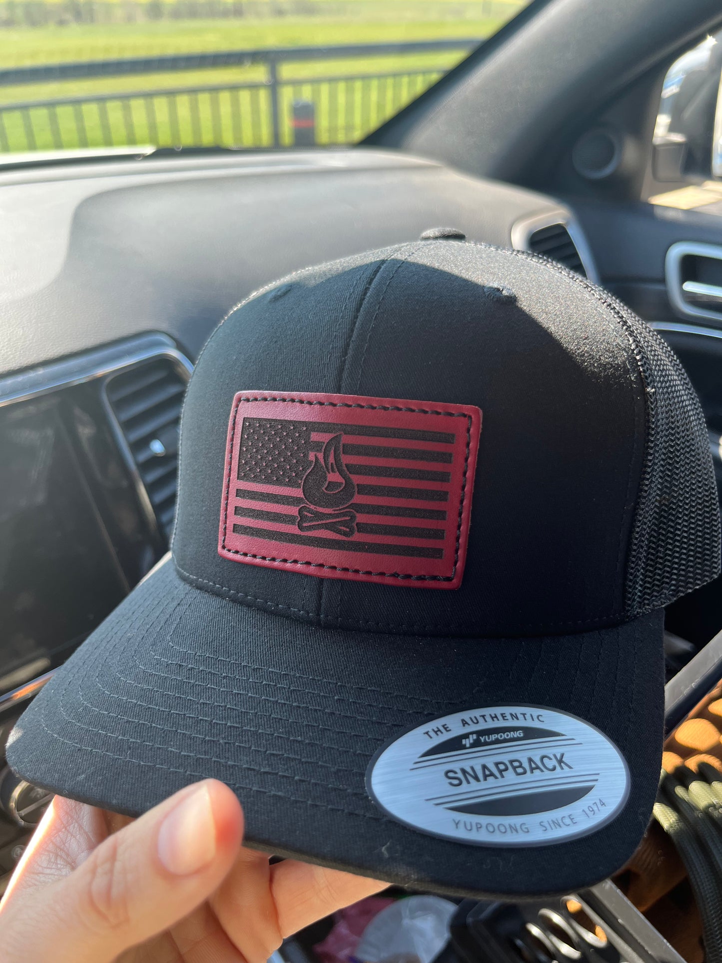 Bonfire Flag Red Leather SnapBack